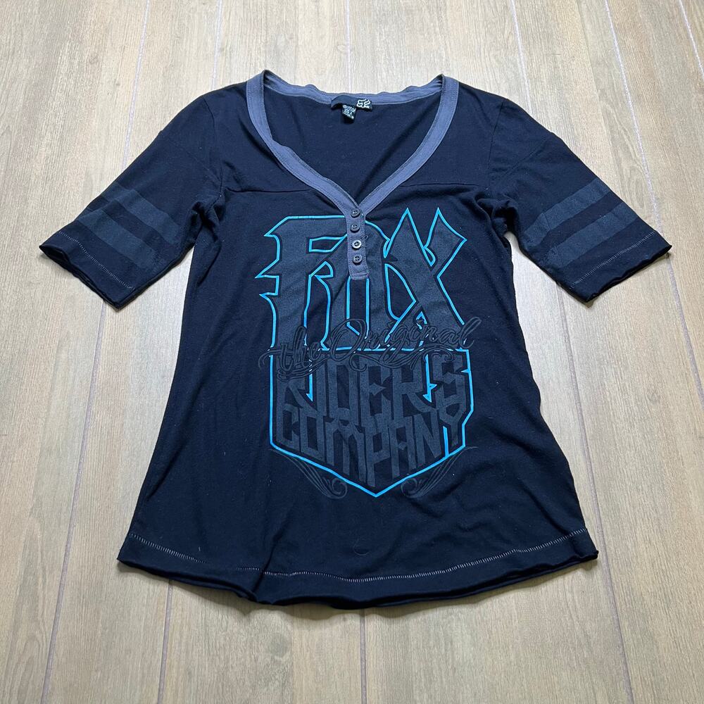 Fox‎ Racing Shirt Womens Medium Black Gray V Neck  Y2K Stretch grunge skater